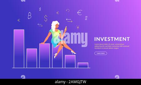 Donna che utilizza l'app mobile per il banking online e gli investimenti. Illustrazione vettoriale di concetto della ragazza seduta su grafico cadente con smartphone e gazza finanziaria Illustrazione Vettoriale