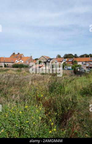 Vista delle case attraverso i letti reed e paludi che circondano il villaggio di Cley Next The Sea, North Norfolk, UK Foto Stock