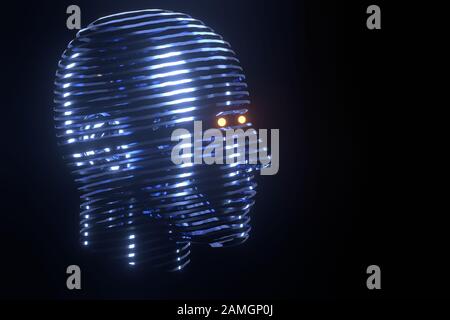 Testa umana in metallo interessante astrazione nastro su isolato nero. Rendering 3D. Design biglietto di auguri, stile futuristico. Foto Stock