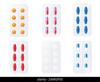 Compresse e capsule in confezioni farmaceutiche in blister, immagine a vettore piatto isolata su fondo bianco. Illustrazione Vettoriale