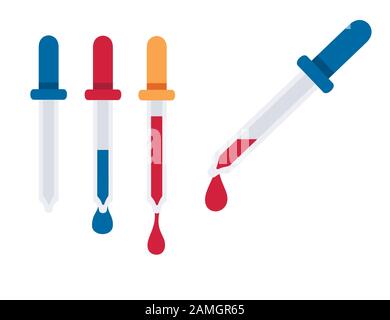 Pipette con riempimento a goccia e pipetta medicale vuota immagine vettoriale piatta isolata su sfondo bianco. Illustrazione Vettoriale