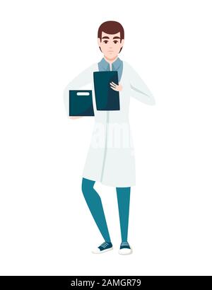 Uomo in scatola di tenuta di cappotto bianco e lista di controllo o blocco note personaggio cartone animato disegno piatto vettore illustrazione isolato su sfondo bianco. Illustrazione Vettoriale