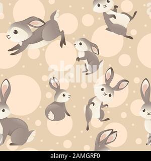 Modello senza cuciture di cute coniglio grigio in varie pose cartone animato animale disegno piatto vettore illustrazione su sfondo beige con cerchi. Illustrazione Vettoriale
