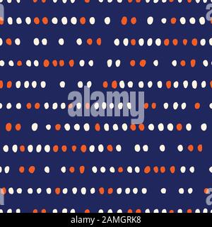 Retrò Geo A Strisce Punteggiate Vector Seamless Pattern. Ditsy Modern Abstract White, Punti Arancioni Su Sfondo Indaco. Stampa Geometrica Moderna E Stravagante. Min Illustrazione Vettoriale