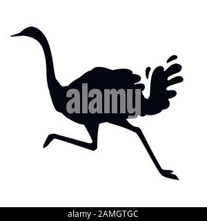 Silhouette nera ?ute ostrich che corre africano flightless uccello cartone animato animale disegno piatto vettore illustrazione isolato su sfondo bianco. Illustrazione Vettoriale