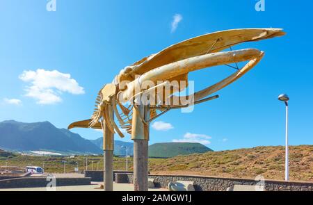 Los Silos, Tenerife, Spagna - 10 dicembre 2019: Scheletro di una Sei Whale al lungomare sulla costa di Los Silos, le Isole Canarie Foto Stock