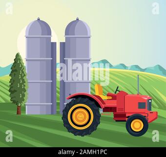 agricoltura silo stoccaggio trattore albero montagne campo paesaggio Illustrazione Vettoriale