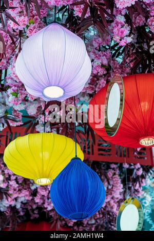 Lanterne cinesi multicolore con fiori sullo sfondo del giorno Foto Stock