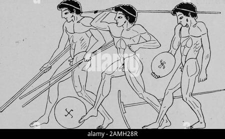 Illustrazione di lanciatori di giavellotto che partecipano ad un evento sportivo, come i Giochi Olimpici, nell'antica Grecia, 1910. Archivio Internet Gratuito. () Foto Stock
