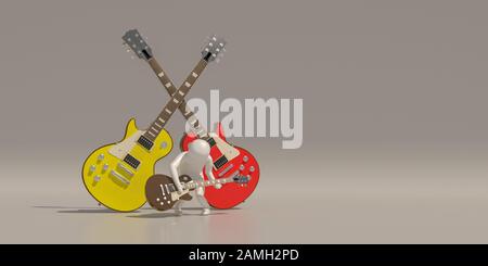 Personaggi bianchi che suonano musica Con chitarre elettriche rosse e gialle. Rendering 3D, Include un percorso di selezione. Foto Stock