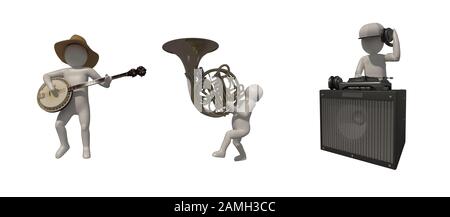3D illustratore gruppo di musicisti di carriera su sfondo grigio, rendering 3d del lettore musicale. Include un percorso di selezione. Foto Stock