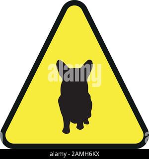 Attenzione al cartello del cane. Vettore triangolo giallo silhouette di sicurezza del cane icona. Illustrazione Vettoriale