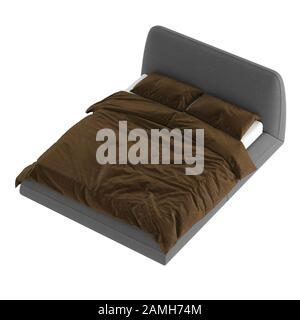 Un letto matrimoniale grigio morbido senza tins con biancheria marrone su sfondo bianco. rendering 3d Foto Stock