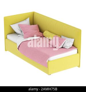 Letto per bambini con soffice tappezzeria gialla in tessuto e biancheria da letto bianca-rosa su sfondo bianco. rendering 3d Foto Stock