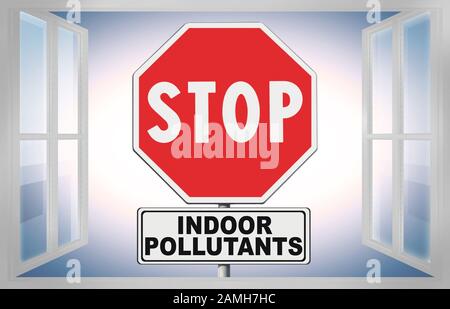 Stop indoor air inquinanti - immagine concettuale con segnaletica stradale visibile attraverso una finestra Foto Stock