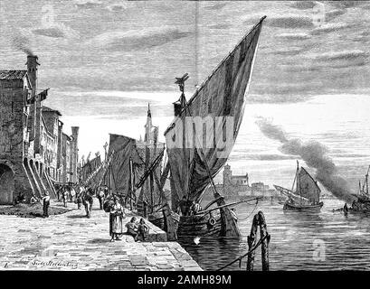 Scena dei canali alla fine del 19th Secolo nella città di Chioggia, Veneto, Italia / Stadt Chioggia, Venetien, Italien, originale stampa del 19th secolo, Historich, digitale migliorata riproduzione di un originale del 19th secolo / digitale Reproduktion einer Originallage voraus dem 19. Jahrhundert, Foto Stock