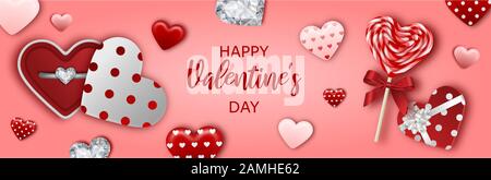 banner di san valentino con scatole regalo a forma di cuore, cuori, diamanti Illustrazione Vettoriale