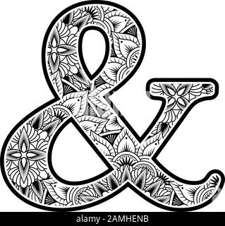 simbolo e commerciale con ornamenti di fiori astratti in bianco e nero. design ispirato allo stile d'arte mandala per la colorazione. Isolato su sfondo bianco Illustrazione Vettoriale