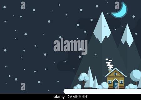 Notte invernale paesaggio. Case su uno sfondo di montagne. Vettore illustrazione piana. Illustrazione Vettoriale