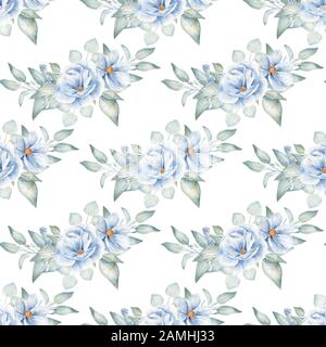 Cute composizione floristica disegnato a mano acquarelle senza cuciture modello. Fiori blu e ramoscelli di piante. Sfondo botanico. Lino e foglie disegno acquerello Foto Stock