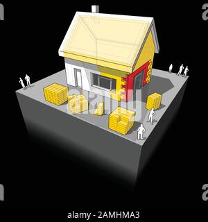 Schema di una casa unifamiliare con ulteriore parete e isolamento del tetto Illustrazione Vettoriale