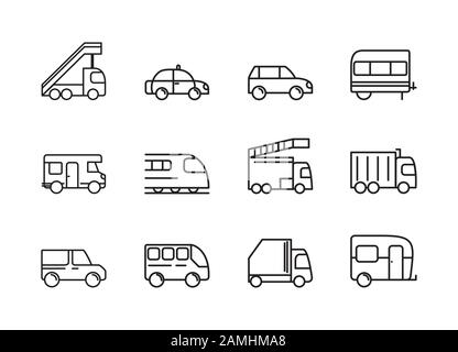 icone del set di design lineare del veicolo di trasporto Illustrazione Vettoriale