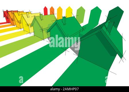 Sette case certificate in sette classi energetiche in energia schema di classificazione Illustrazione Vettoriale