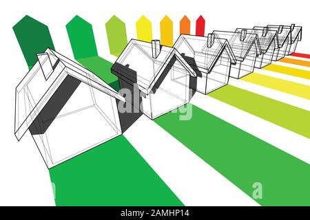 Sette case certificate in sette classi energetiche in energia schema di classificazione Illustrazione Vettoriale