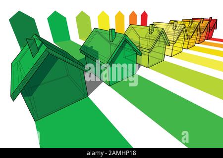 Sette case certificate in sette classi energetiche in energia schema di classificazione Illustrazione Vettoriale