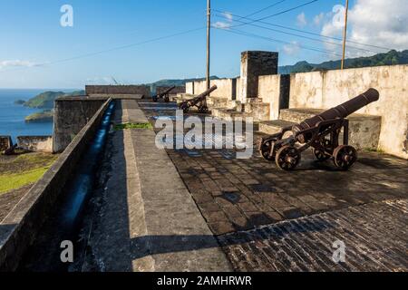 Cannoni sui bastioni, Fort Charlotte, Kingstown, Saint Vincent e Grenadine, Caraibi Foto Stock