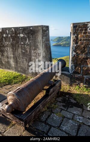 Cannone sui bastioni, Fort Charlotte, Kingstown, Saint Vincent e Grenadine, Indie Occidentali, Caraibi Foto Stock