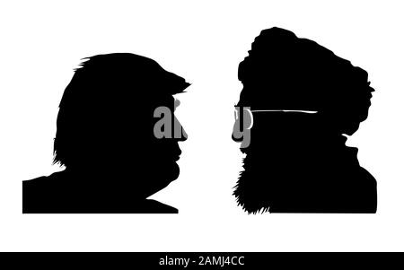 Donald Trump Contro Ali Khamenei. Silhouette del presidente degli Stati Uniti e leader dell'Iran. A scopo illustrativo per gli Stati Uniti - conflitto in Iran. Immagine raster. Foto Stock