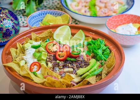 Pasto messicano con tortilla chip, pollo al peperoncino, cipolle, lime, coriandolo, avocado e panna acida Foto Stock