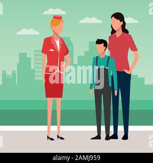 Air hostess con donna e adolescente in piedi, design colorato Illustrazione Vettoriale