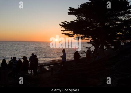 Tramonto lungo 17 Miglia Drive, strada panoramica attraverso Pebble Beach e Pacific Grove sulla penisola di Monterey in California. Foto Stock