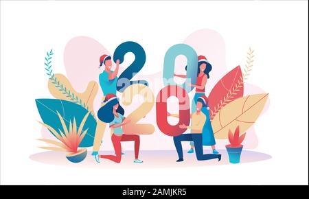 Gruppo di persone gioiosa in Santa Claus cappelli sono numeri di contenimento 2020. Metafora del Natale e del nuovo anno in ufficio. Concetto di lavoro di squadra nel nuovo anno cel Illustrazione Vettoriale