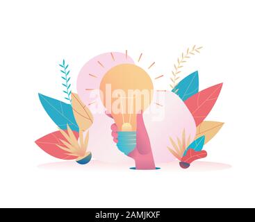 Grande mano trattiene un grande santo lampadina. Metafora della ricerca di un'idea e la sua soluzione. Concetto di leader, boss, CEO rende la decisione giusta, trova Illustrazione Vettoriale