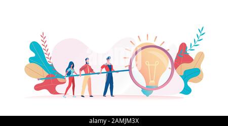 Gruppo di persone detiene un enorme lente di ingrandimento. Una grande lampadina sotto una lente di ingrandimento. Metafora della ricerca di idee. Concetto di squadra il lavoro di ufficio, br Illustrazione Vettoriale