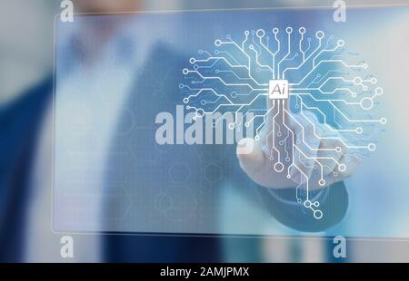 Intelligenza artificiale e tecnologia di apprendimento automatico per automatizzare i processi, concept con ingegneri di intelligenza artificiale che lavorano su reti neurali cerebrali a circuito elettronico Foto Stock