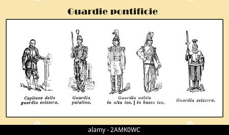 Le uniformi della guardia pontificia della città del Vaticano, hanno illustrato il tavolo lessicale italiano con ranghi militari e specialità Foto Stock