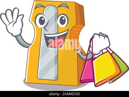 Una matita affilatrice ricca felice ondeggiante e tenendo la borsa per lo shopping Illustrazione Vettoriale