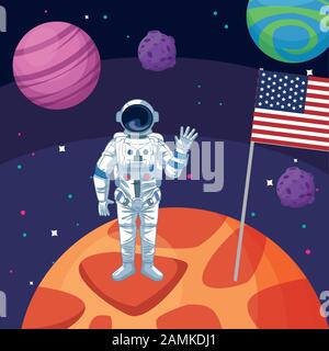 astronauta con bandiera americana nell'esplorazione spaziale del pianeta Illustrazione Vettoriale