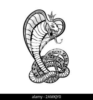 Disegno d'arte del tatuaggio del serpente, vipera del cobra del vettore nella corona reale con la lingua e i fangs. Serpente vipera disegnato a mano o serpente rattlesnake in anelli, modello di stampa t-shirt e segno club biker Illustrazione Vettoriale