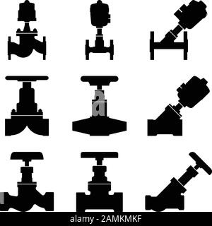 Vari tipi di valvole industriali Icone di Silhouette Illustrazione Vettoriale
