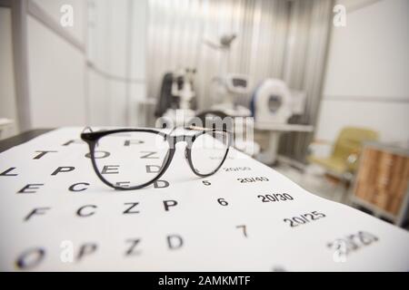 Immagine di fondo degli occhiali che si trovano sulla carta degli occhi in ufficio oftalmologia, visione e concetto di test degli occhi, copia spazio Foto Stock