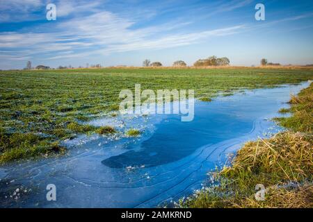 Acqua congelata su un campo verde e cielo blu Foto Stock