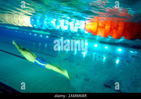 Nuotatore al festival di nuoto 'Head-Trophy' nella Sala olimpica di Monaco. In uno dei più grandi eventi di nuoto in Europa, i giovani atleti possono competere con i migliori nel loro campo. [traduzione automatizzata] Foto Stock