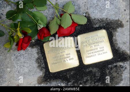 L'artista Gunter Demnig pone due blocchi d'inciampo su un terreno privato di fronte all'ingresso dell'edificio residenziale a Franz-Joseph-Strasse 19. Sono dedicati alla coppia ebraica Amalie e Joseph Schuster, che vi abitarono e furono assassinati dai nazisti a Theresienstadt rispettivamente nel 1944 e nel 1943. [traduzione automatizzata] Foto Stock