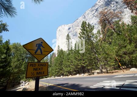 Segnale di avvertimento Pedestrian Crossing, Yosemite National Park West, YOSEMITE NATIONAL PARK, CA 95389, USA, El Capitan, Northside Drive, vicino al fiume Merced, 14 agosto 2016, foto: Manfred Neubauer [traduzione automatizzata] Foto Stock