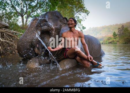 Un uomo mostra la riproduzione con un elefante in un fiume di Sangkhlaburi, Kanjanaburi, Thailandia Foto Stock